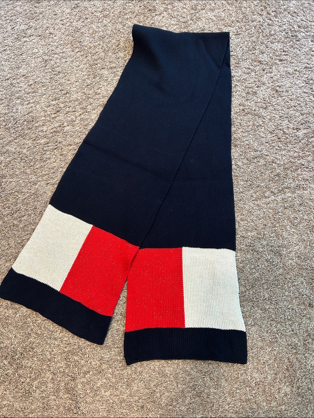 Tommy Hilfiger Navy Scarf with Sparkling Red and White Colorblock Ends